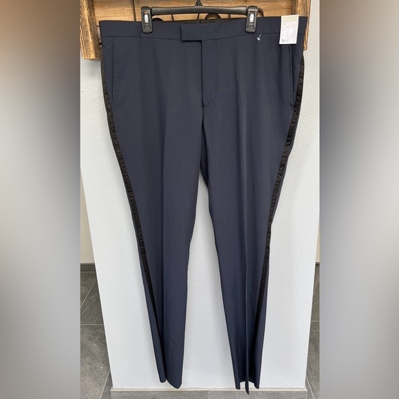 Nordstrom Rack Size 42W Navy Unfinished Dress Pants with Black Side Stripe - Picture 1 of 6